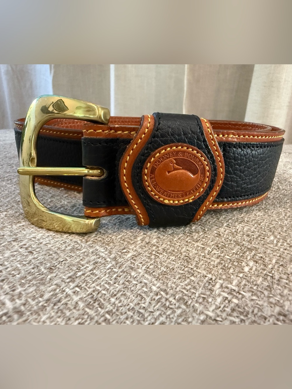 Vintage Dooney & Bourke Leather Belt Black Tan Duck Logo Brass Buckle USA Size S